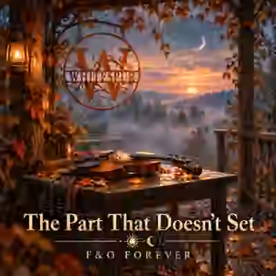 The Part That Doesn’t Set original square cover artwork: violin, Whitespur sign, sunset and F&O Forever